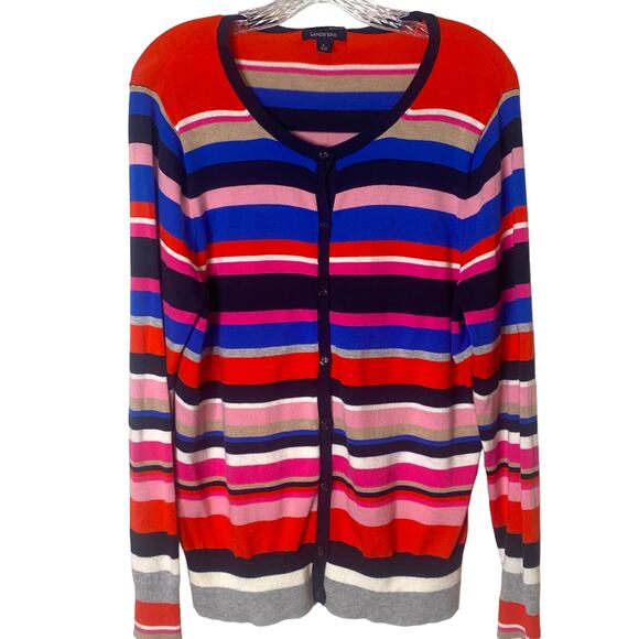 Lands' End Size Large 100% Supima Cotton Multicolored Striped Cardigan Sweater - Picture 1 of 5